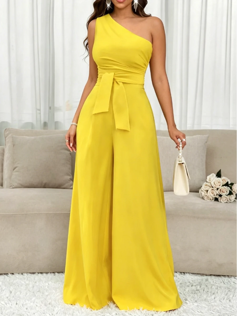 Women Elegant One Shoulder Sleeveless Tied Detail Pocket Wide Leg Jumpsuit