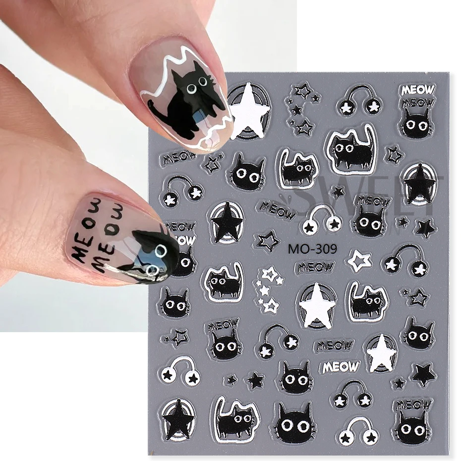 Adorable Music Black Cat Nail Sticker Cute Cartoon Pet Star Bow Fish Design Kawaii Adhesive Slider Japanese Style Manicure Decal