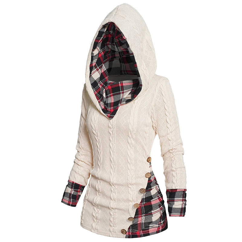 

Twisted Cable Knit Plaid Print Hooded Sweater Mock Button Ruched Shawl Neck Sweater