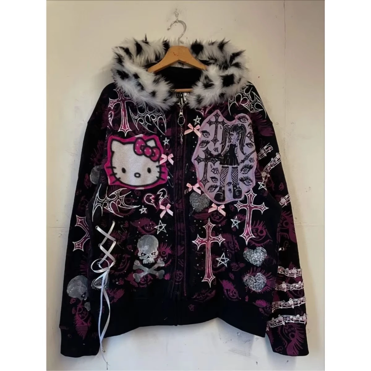Y2K Gothic Hello Kitty Zip Up Hoodie Leopard Faux Fur Collar Cross Skull Graphic Jacket Pink Bow Lace Ribbon Decor Sweatshirt view 2