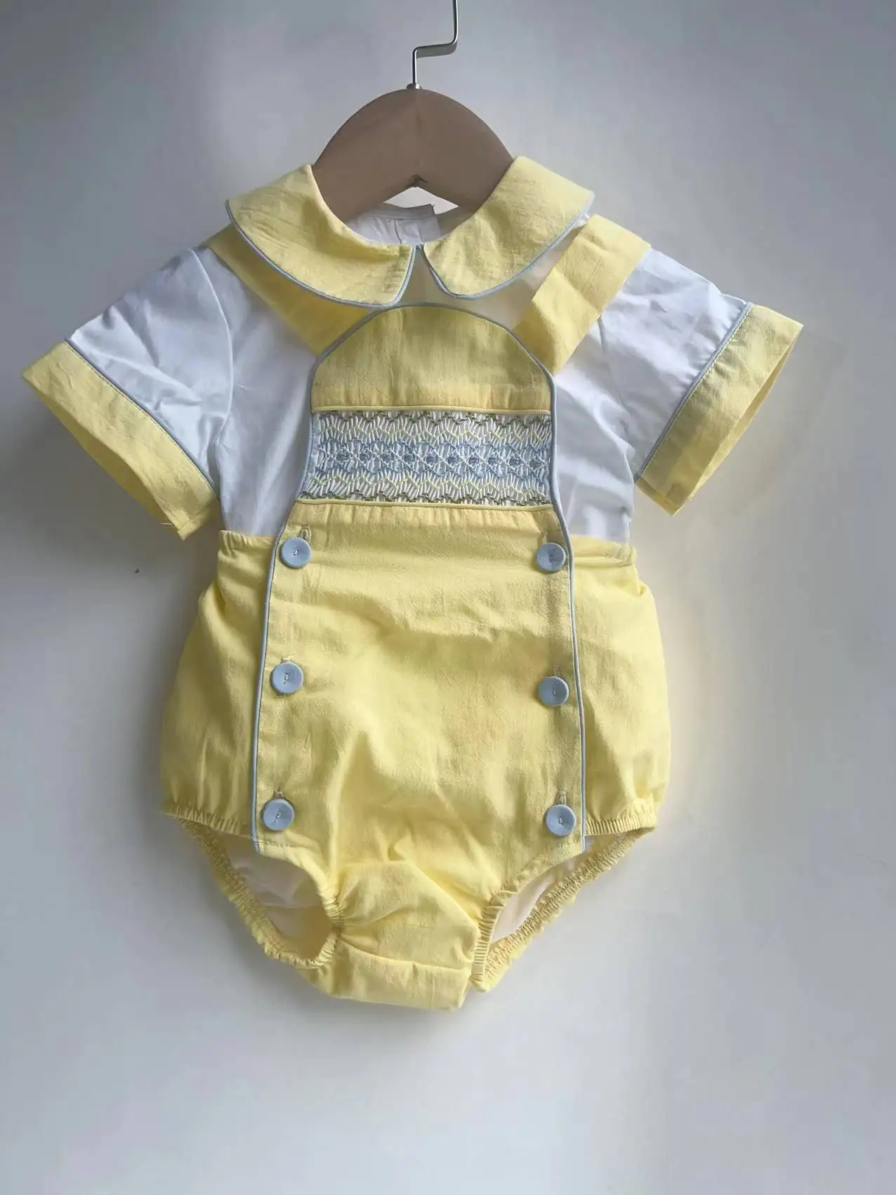 Baby Boys Spanish Clothes Set Children Summer 2 Pieces Groups Set Yellow Cotton Shirt Peter Pan Collar White Shorts