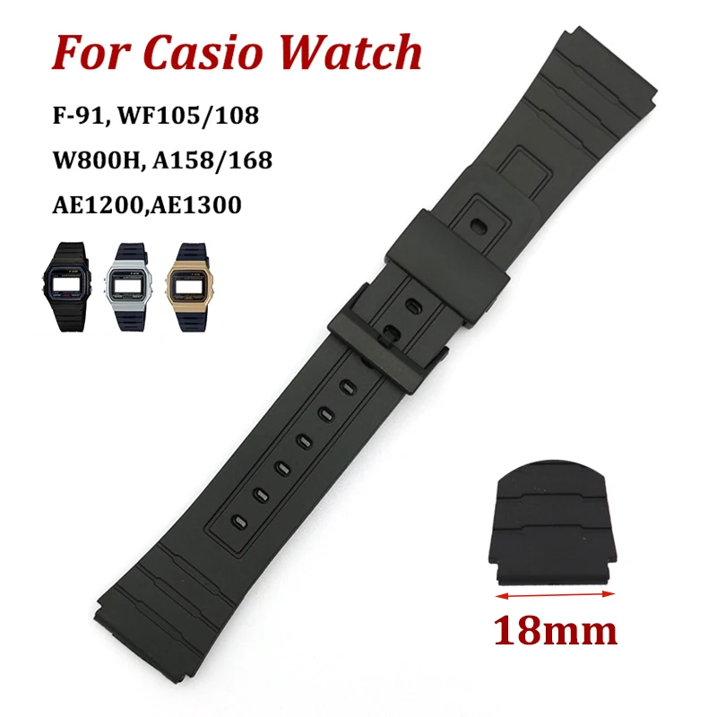 W800H Strap 18mm for Casio F-91W F105/108 A158/168 AE1200 AE1300 Universal Silicone Watch Band Women Men Sport Rubber Wristbelt