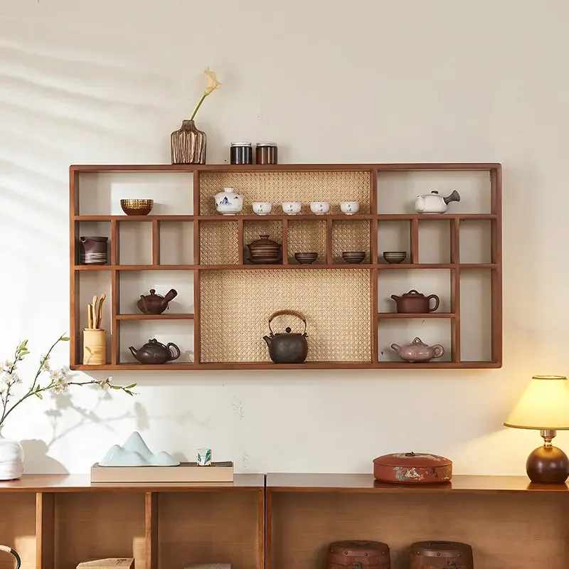 Tea room ornament display stand Solid wood rattan storage display Teacup tea pet stand Wall hanging