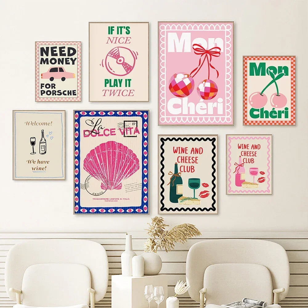 

Cute Pink Style Mon Cherry Wine and Cheese Club Posters Wall Art Minimalism Wine Glass Canvas Painting Home Living Room Decor