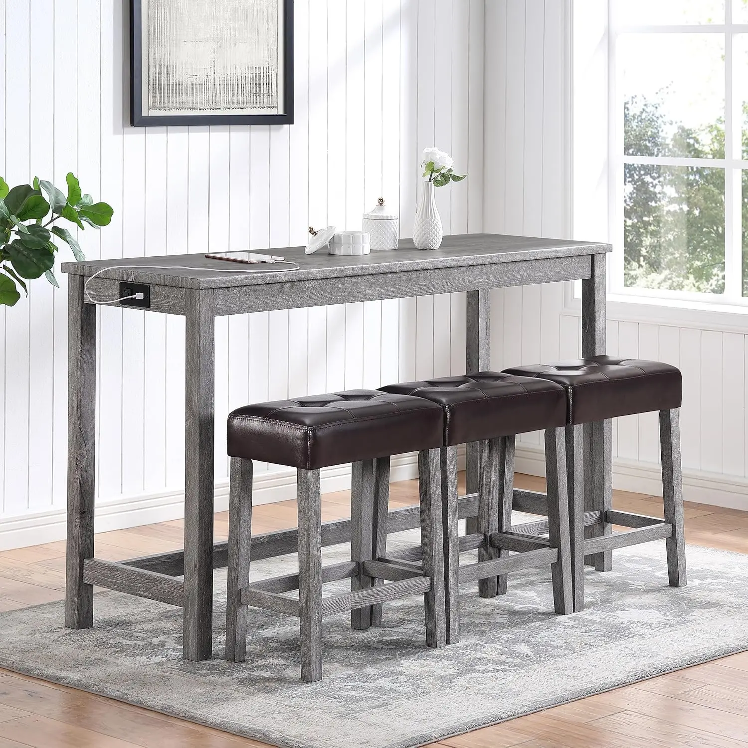 Merax 4 Piece Bar Table Set With Counter Height Table With Power Outlet And Upholstered Stools For Small Space, Farmhouse