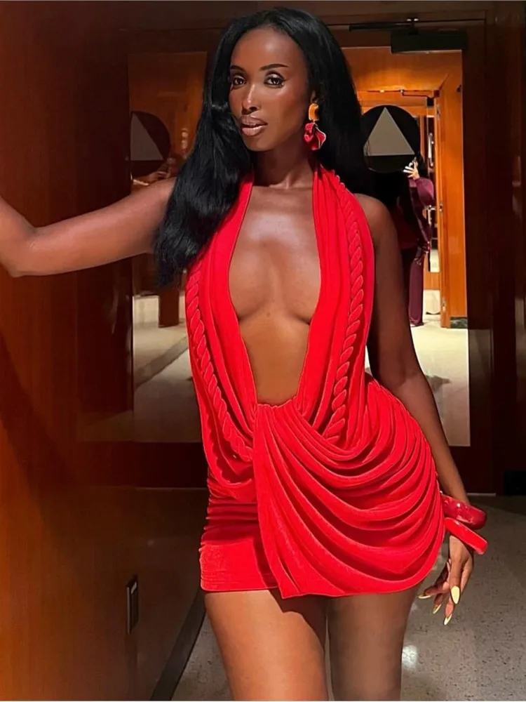 

Dresses For Woman Sexy Deep V Vestidos Halter Neck Package Hip Evening Party Mini Dress Solid Color Backless Sleeveless Trendy