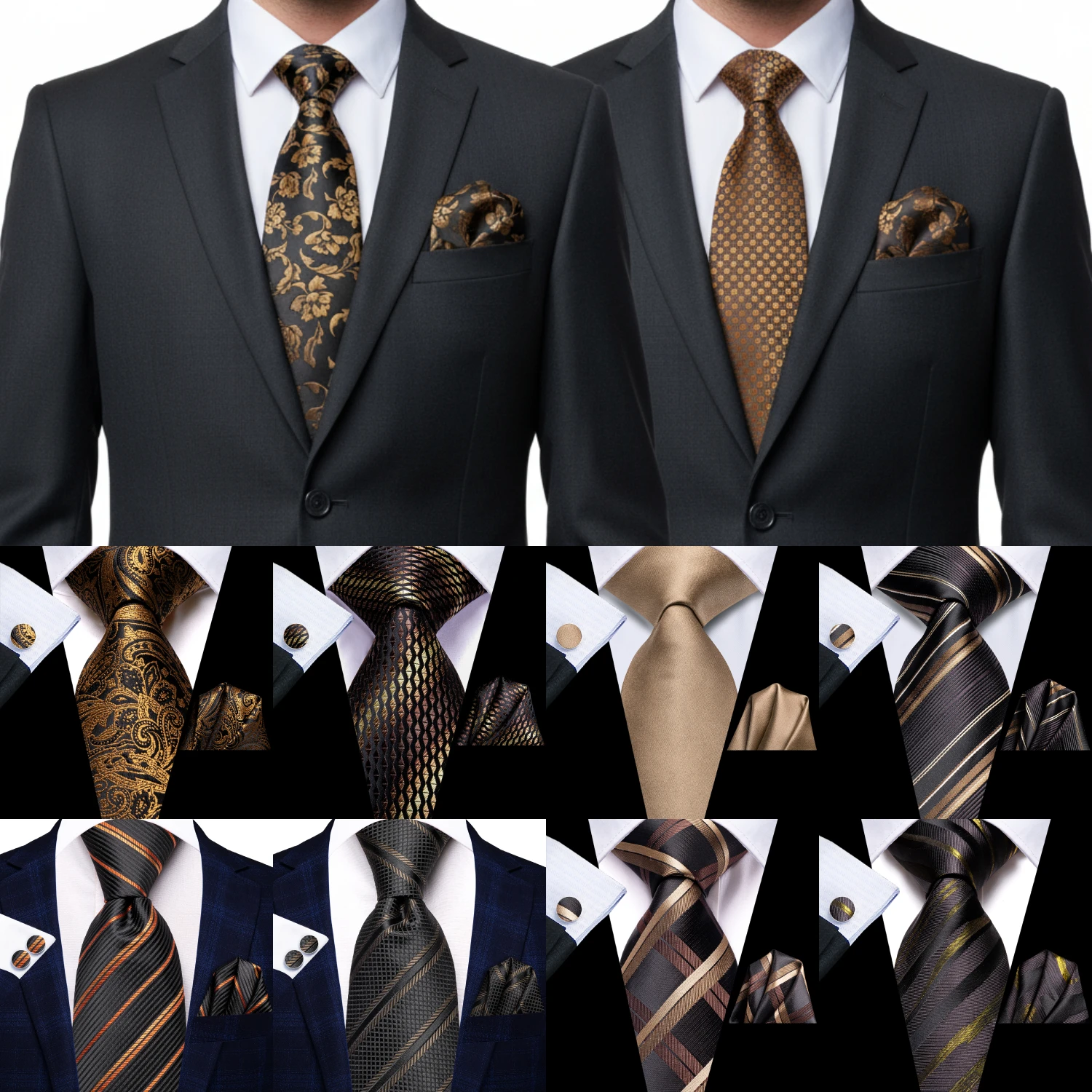 Hi-Tie Mens Gift Tie Set Gold Brown Solid Striped Wedding Tie For Men Fashion Design Quality Tie Hanky Cufflink Set Dropshipping