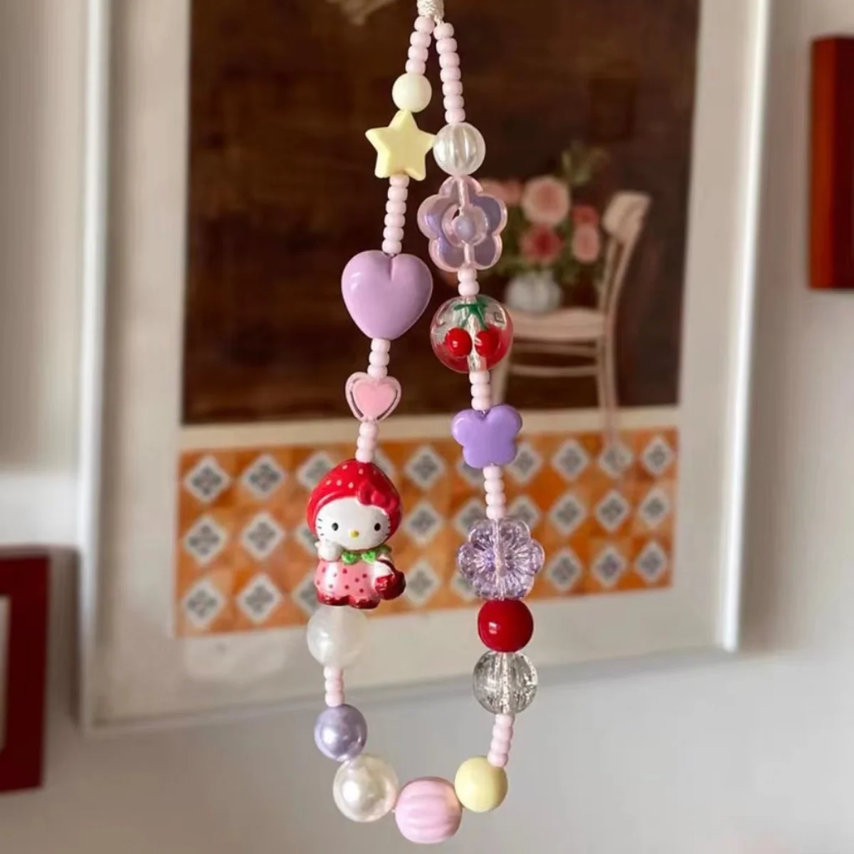 2024 New Hello Kitty Strawberry Head Mobile Phone Chain Anime Sanrio Original Design Pink Purple Cute Girl Hanging Decoration