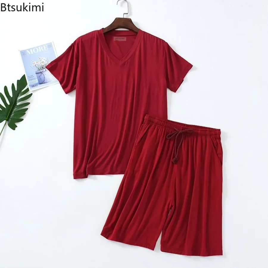 2025 Men's Summer Modal Pajamas Sets V-neck Short Sleeve Pulloves and Shorts Sets Homewear Male Soft Loose Thin Sleepwear Sets