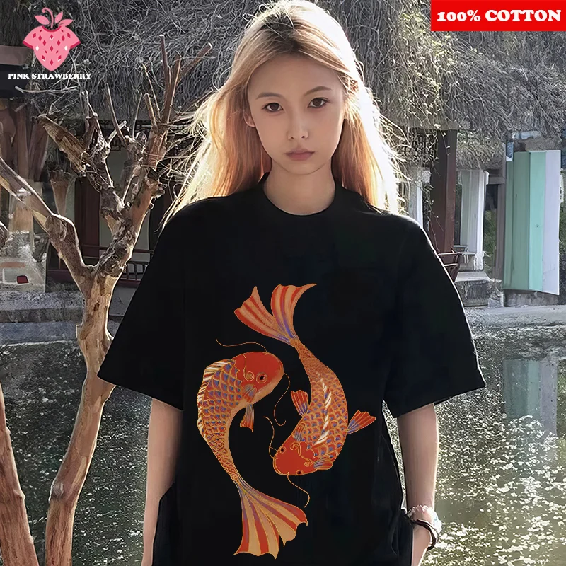 

Elegant Red Koi Pattern Print T-shirt Women's Summer 2025 New 100% Cotton Short Sleeve Tee Y2k Casual comfort Top dames Clothing
