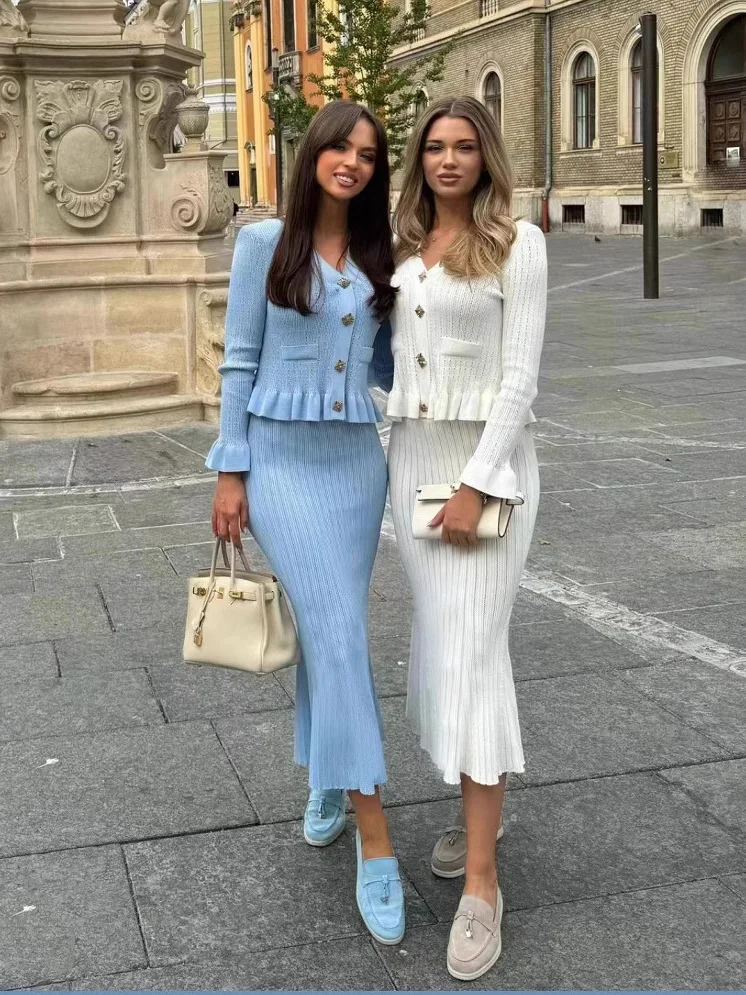 Faionable – ensemble jupe queue Fi pour femmes, coupe cintrée, taille haute, tricoté, Long, Sve, costume deux pièces, saison d'automne