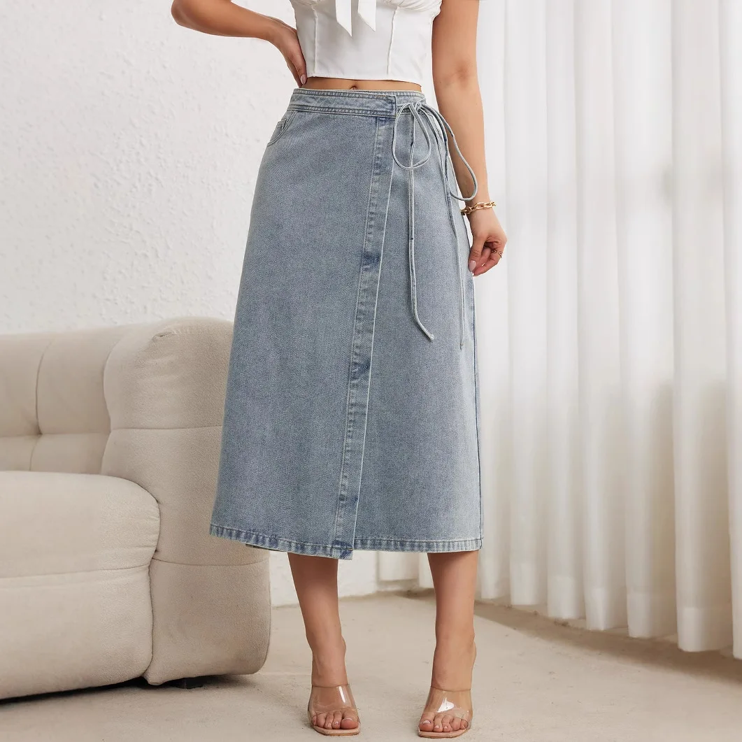 

Джинсовая юбка-полусолнце с завязками, дизайн 2026 года. Новые модные, ретро и элегантные юбки с разрезом для женщин на весну и лето
