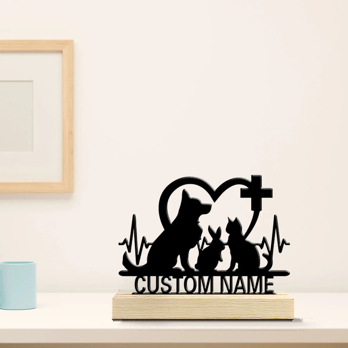 1 pièce Statue en métal artisanale minimaliste sur le thème des animaux, personnalisable avec lettre, avec base en bois, pour cadeaux d'amis