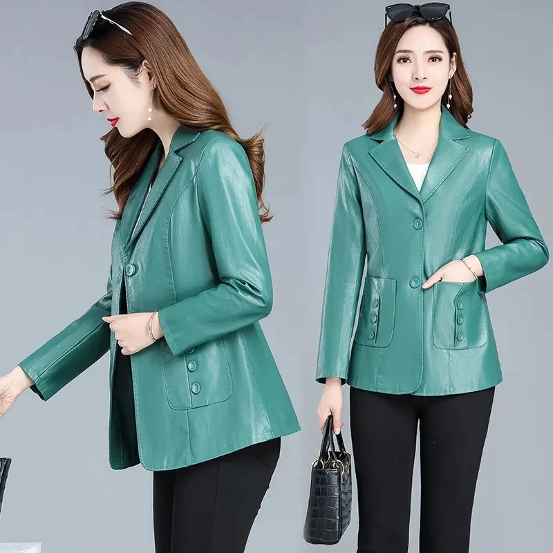 High-quality Women Leather Jacket Spring Fall Casual Suit Coat Middle Aged Mother Loose Short Overcoat Pu Leather Blazer Jacket