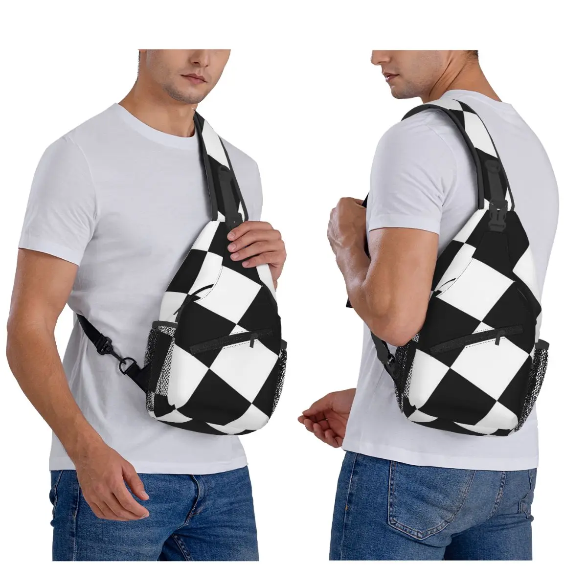 Checkered Squares Printing Chest Bag Men Sling Crossbody Backpack Chest Bag Travel Hiking Daypack Shoulder Bag