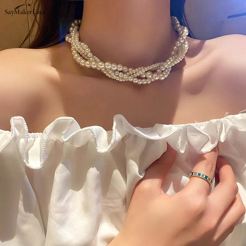 Charm Fashion White Twining Pearl Choker Necklaces For Women Geometric Necklaces Weddings Bride Jewelry Accessories