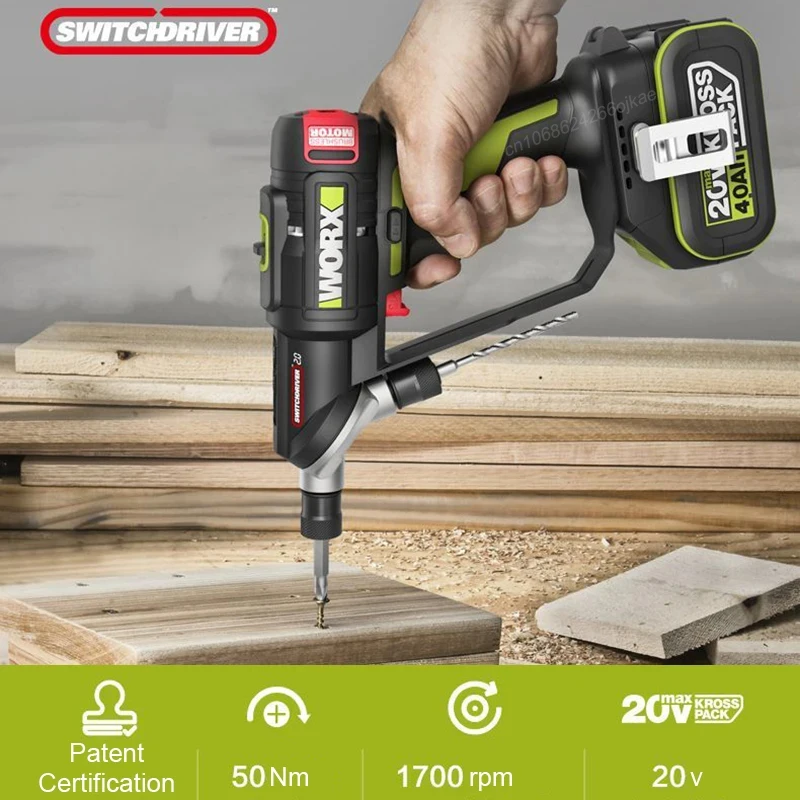 Worx WU177 Bare Tool Rotatable and Double Working Head Cordless Driver Brushless 20v 50Nm 1700rpm Chuck 1/4inch Green Battery