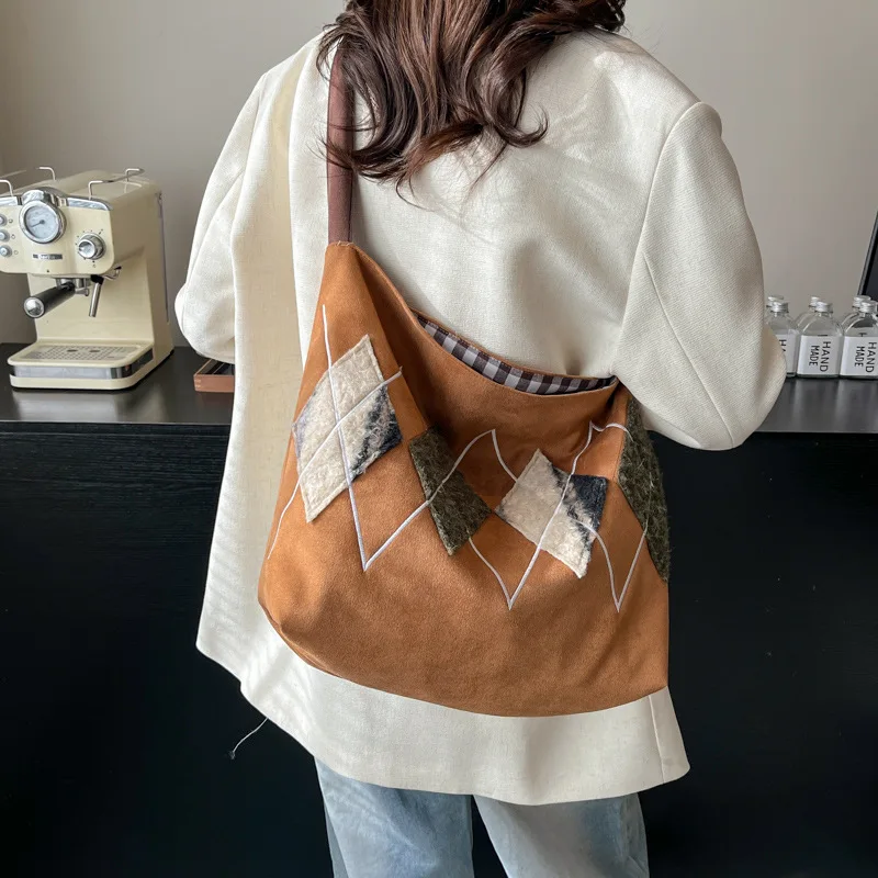 

Fashion New Women's Bag Splicing Color Collision Imitation Suede Frosted Suede Diamond Grid Square Shoulder Bag For Women Trendy
