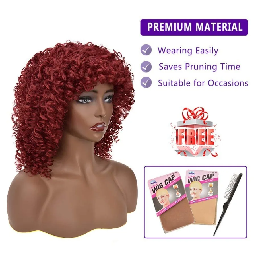 YEAME شعر مستعار أفرو مجعد للنساء شعر مستعار أفرو مجعد مع الانفجارات في اللون العنابي الاصطناعية تأثيري الباروكات مثالية لمرحلة الأداء