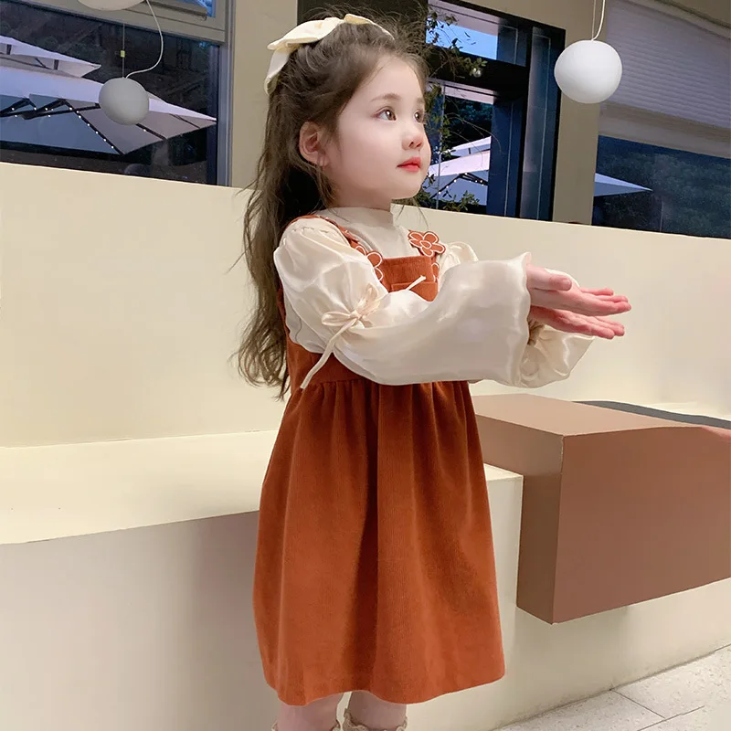 

Autumn Kids Girls 2PCS Clothes Set Cotton Bow Bubble Sleeve Blouse Suits Loose Ruched Waist Flower Strappy Dress For 2-8Y Girls