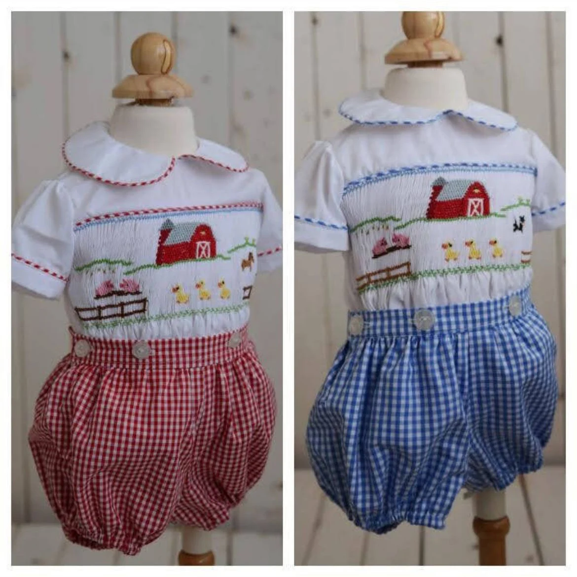 0-6Y Baby Boy Summer Red Blue Plaid Handmade Embroidery Smocked Outfit Suit for Christmas Birthday Party Photography A86