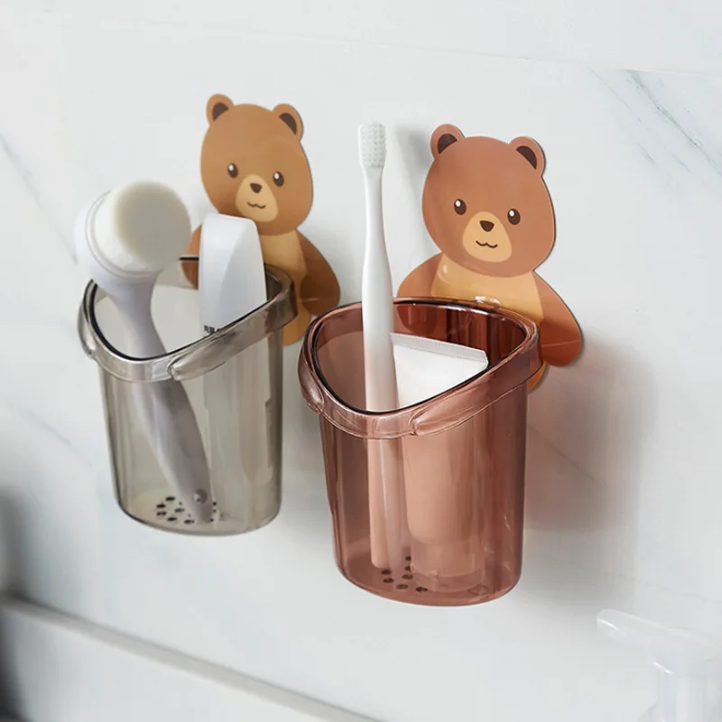 1Pcs Teddy Bear Wall Mounted Toothbrush Holder Cup Punch Free Storage Rack Bathroom Supplies Organizer Bathroom Accessories