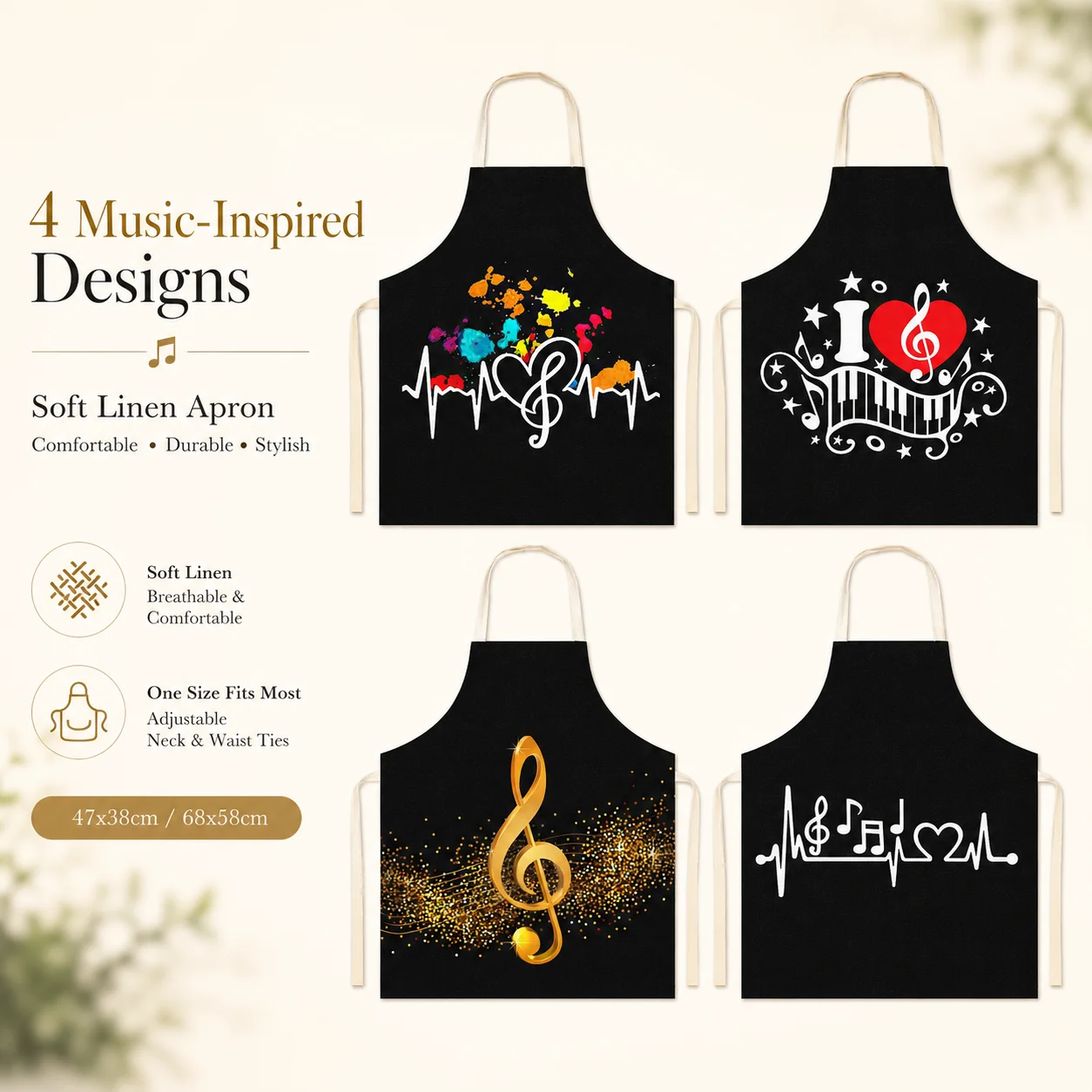

Music Note Heartbeat 2D Flat Printed Linen Apron Sleeveless Kitchen Cooking Chef Bib Gardening Baking Cafe Pinafore Smock