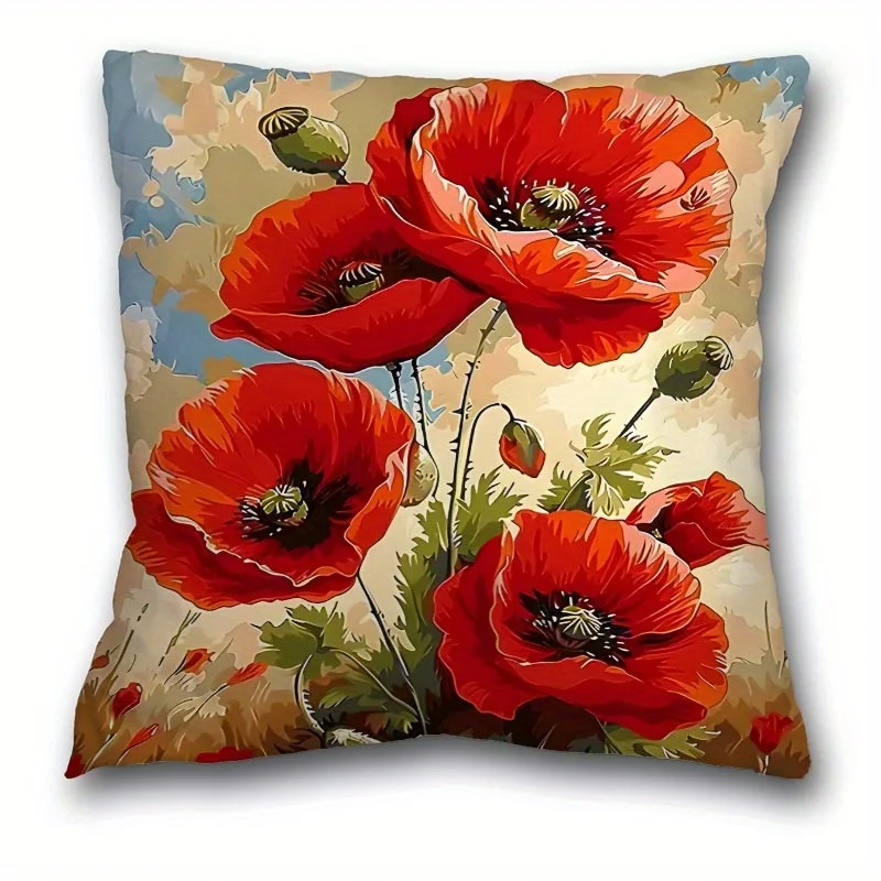 1pc Oil Painting Style Poppy Printed Throw Pillow Cover,Suitable for Sofa,Bedroom,Living Room,an Artistic Gift for Flower Lovers
