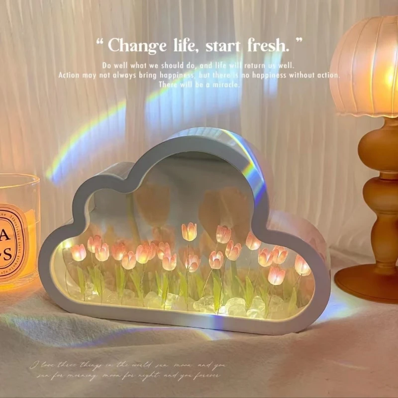 DIY Cloud Tulip LED Night Light Girl Bedroom Ornaments Creative Photo Frame Mirror Table Lamps Bedside Handmade Birthday Gifts