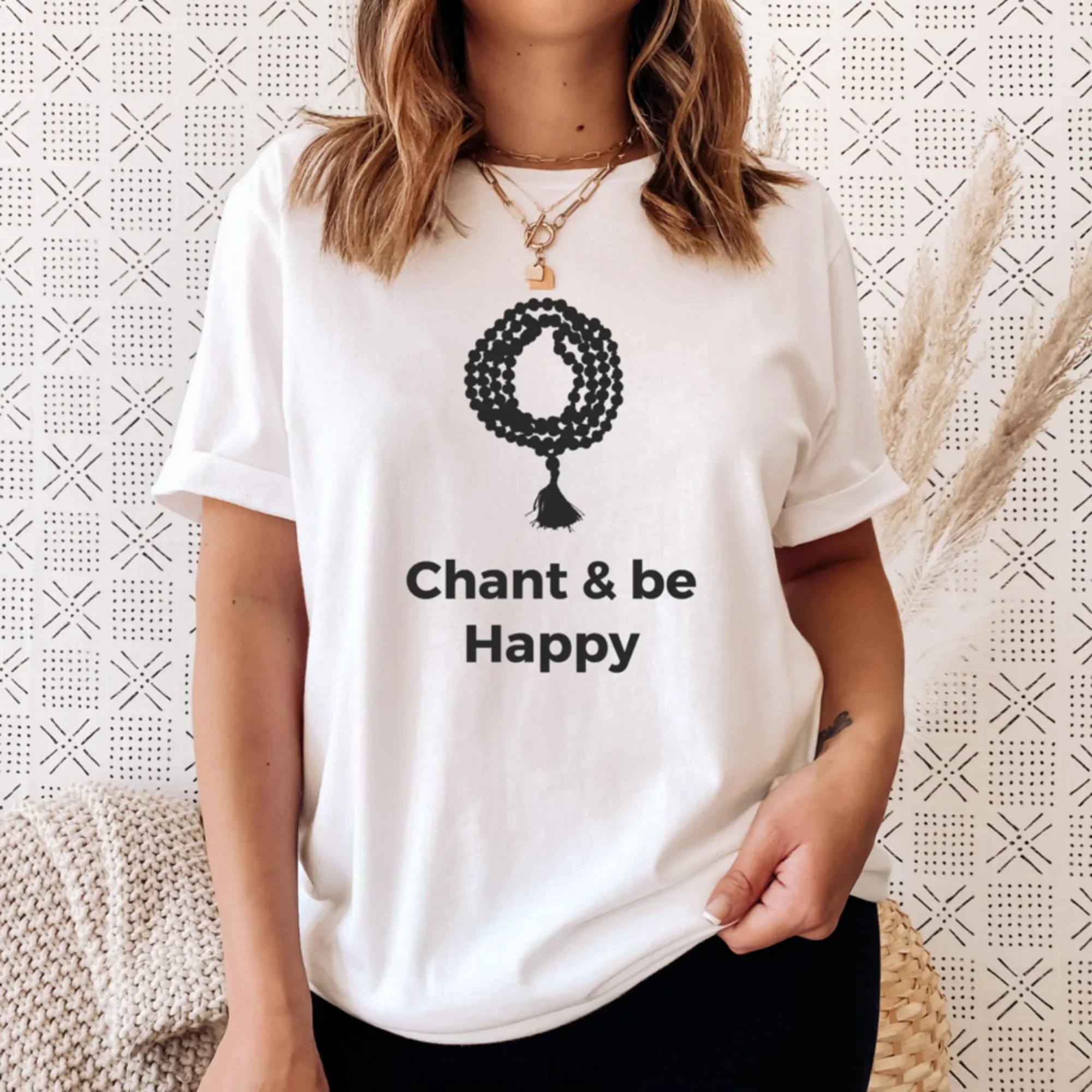 Chant and Be Happy Prayer Mala Beads Women's Spiritual Yoga T Shirt Mantra Om Meditation Shiva Shakti T-shirt Short Sleeve Tee