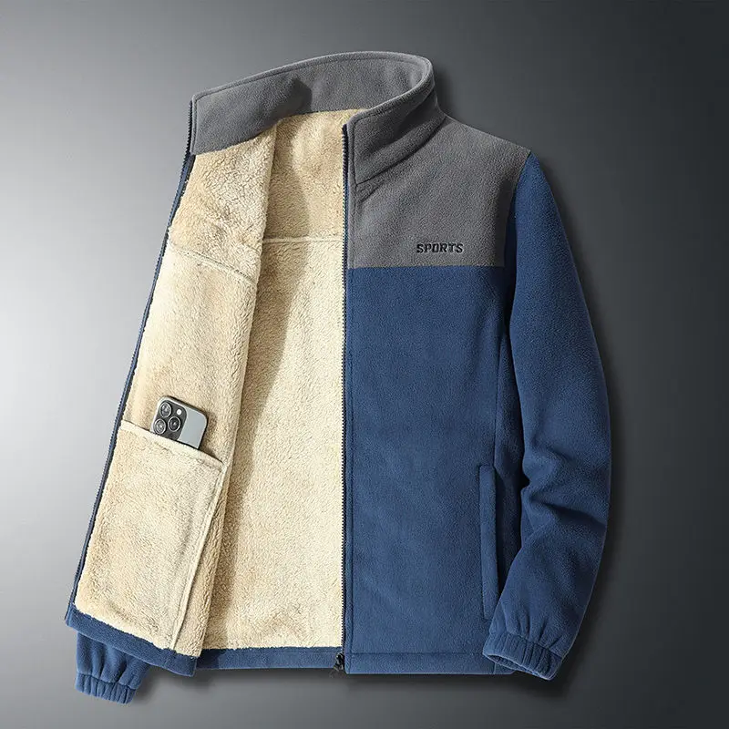 Polar Fleece Jacket Men Contrast color Embroidery Letter Pockets Warm Coats Thickened Outdoor Leisure Fleece Cardigan Sweatshirt