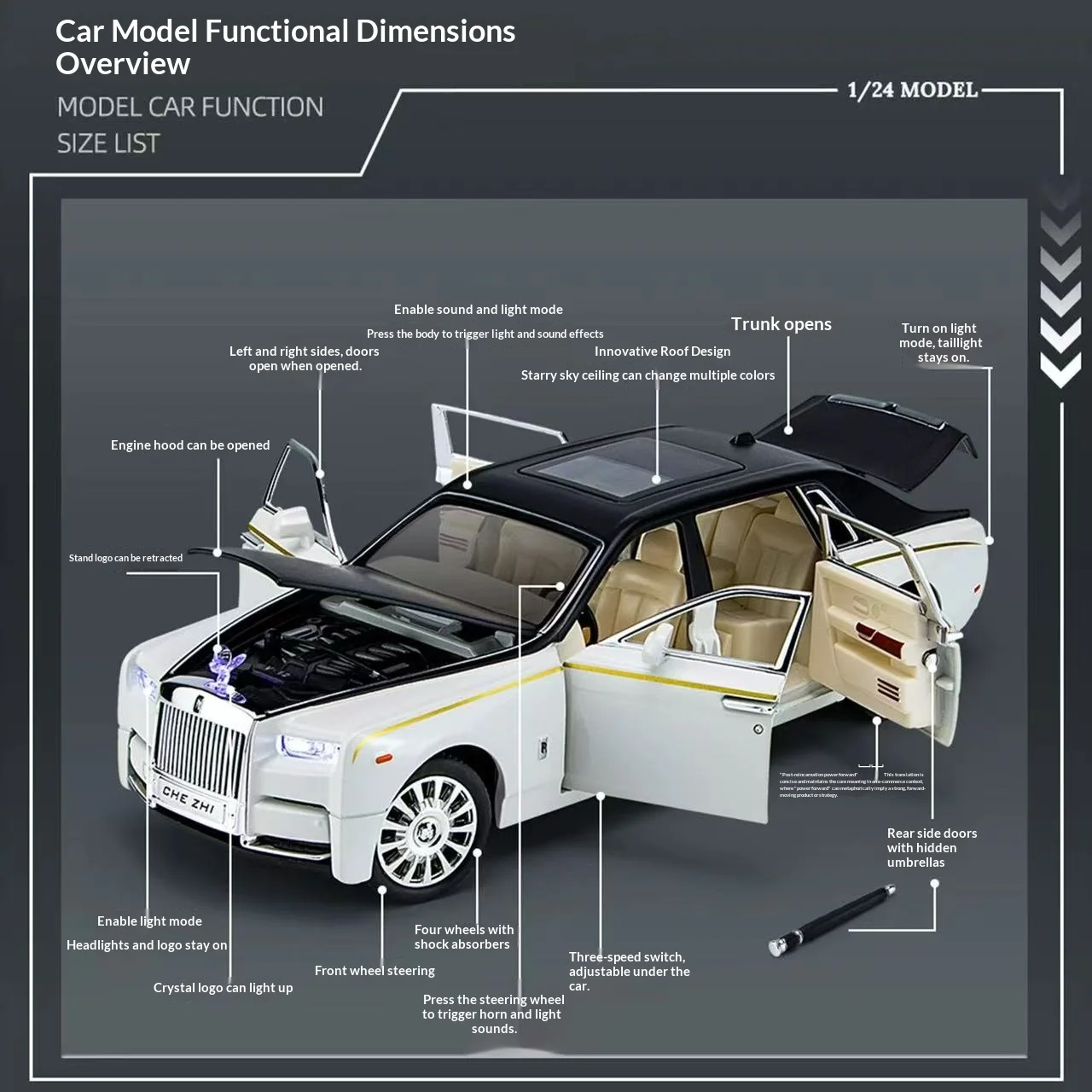 รถโมเดล Rolls Royce Phantom ขนาด 1:24 ผลิตจากโลหะผสมสังกะสี แบบดึงหลัง มีเสียงและไฟ ของเล่นรถแบบหล่อขึ้นรูปเหมือนจริง