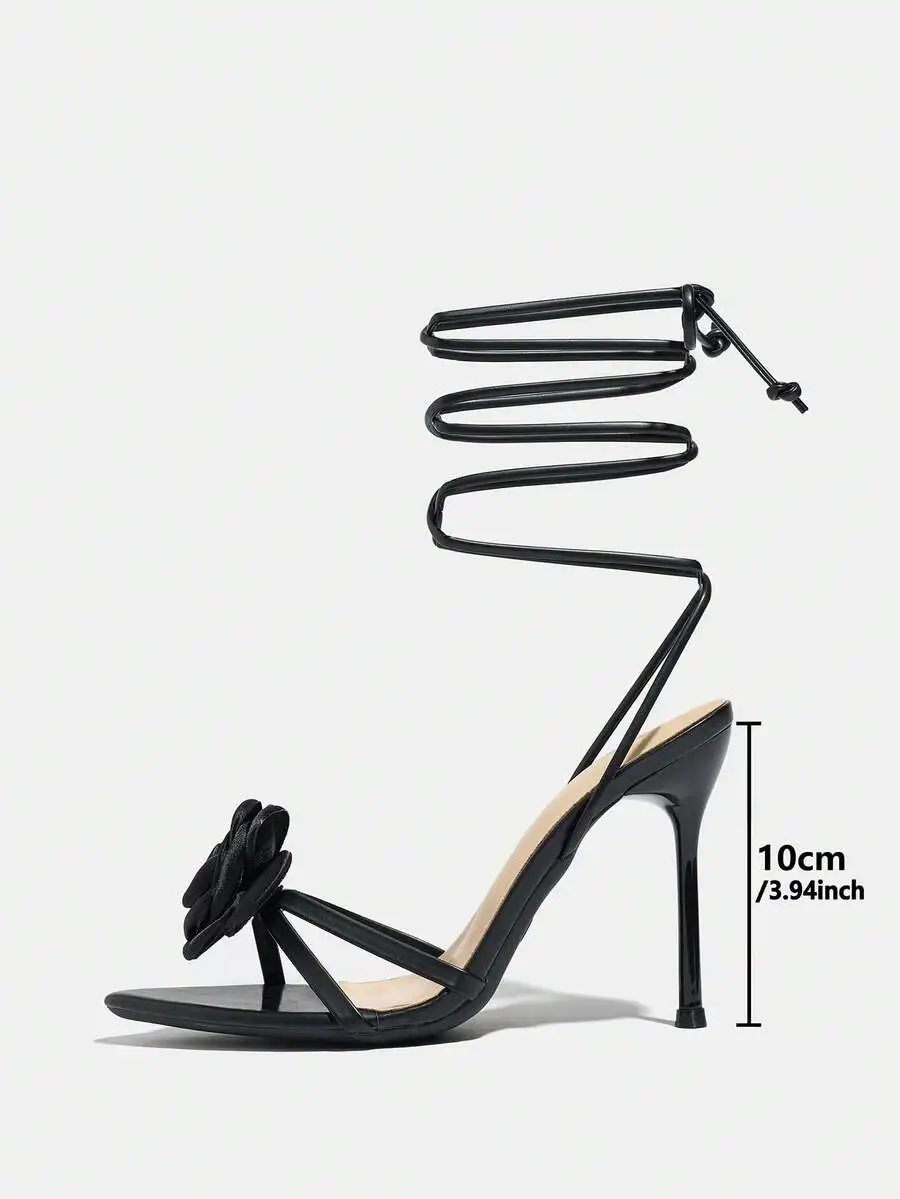 

Womens Black Lace-Up Stiletto Sandals With 3D Rose Decor, High Heel Party Dress Shoes