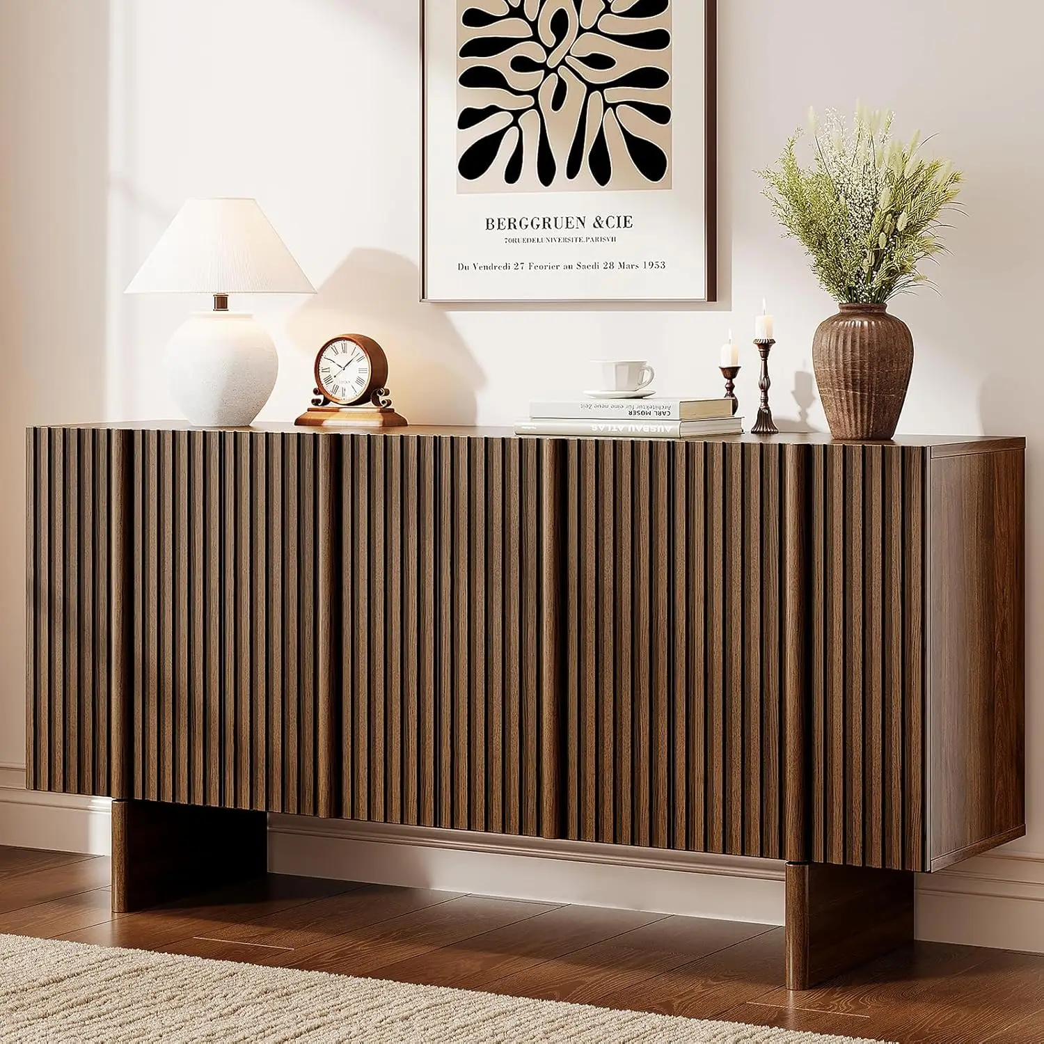63" Fluted Sideboard Buffet Cabinet with Storage, Large Sideboard Cabinet with Adjustable Shelves, Modern Credenza, Customized