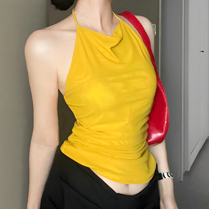 

2025 New Arrival Summer Female Sleeveless Halter Neck Tank Top In Yellow Sexy Backless Net Halter Vest