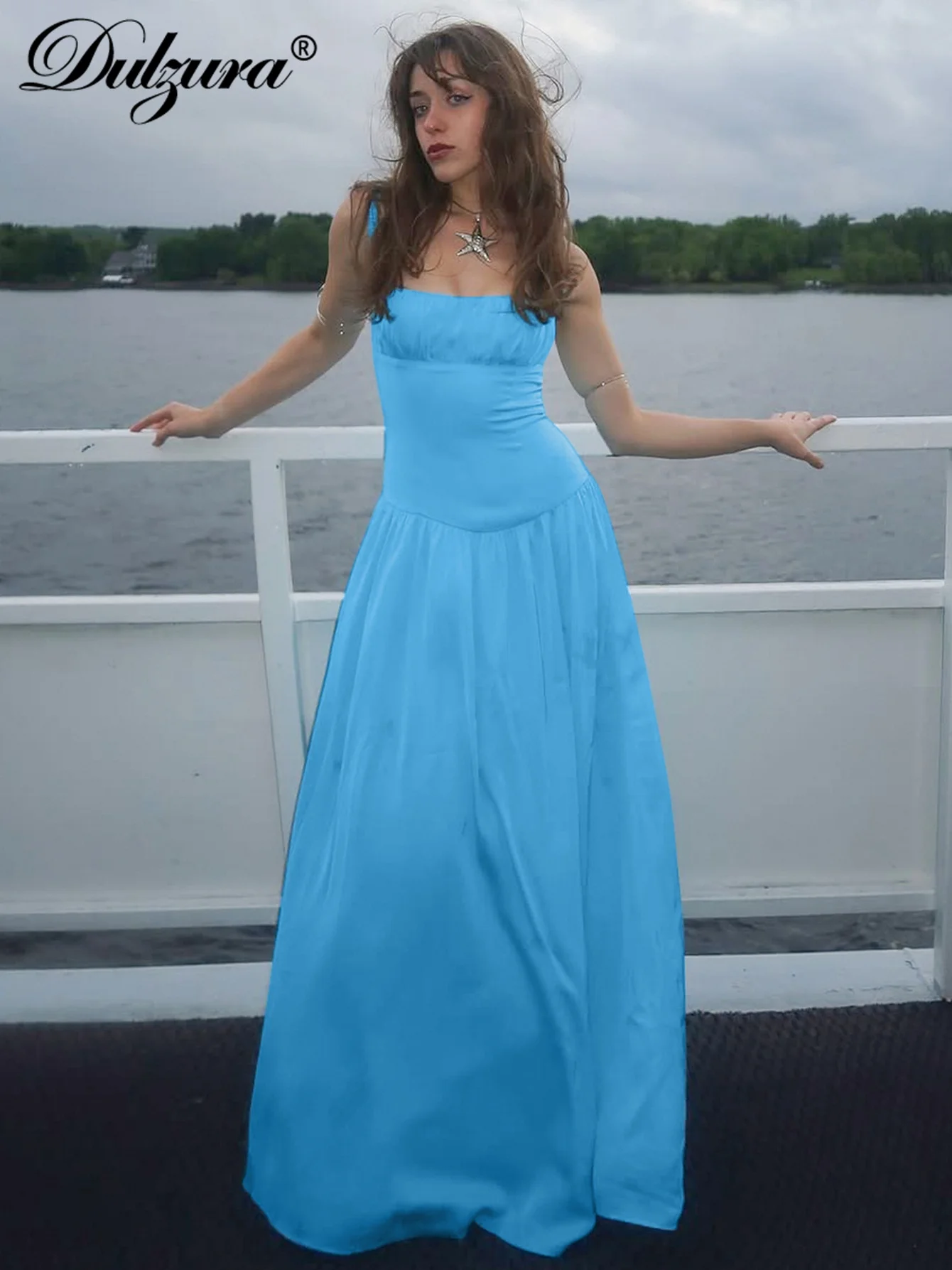 فستان طويل للسيدات من Dulzura بدون أكمام وظهر مكشوف وطيات فستان طويل مثير وأنيق للحفلات والنوادي والشارع ملابس صيفية