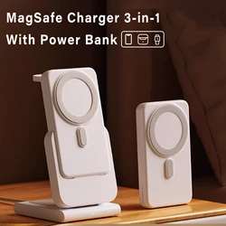 Station de charge magnétique sans fil 3 en 1, support de chargeur rapide pliable, batterie portable, banque d'alimentation pour MagSafe iPhone 15, 14, 13/12