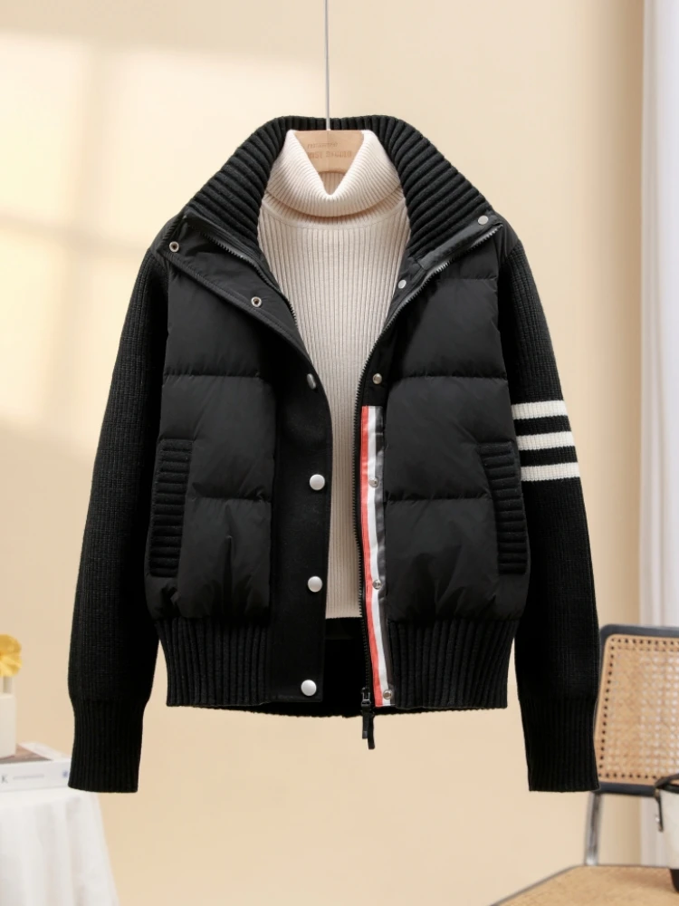 American Retro Style Single Breasted Down Parkas Warm Winter Thick Striped Jacket Women Outerwear Vintage Fashion Down Coat
