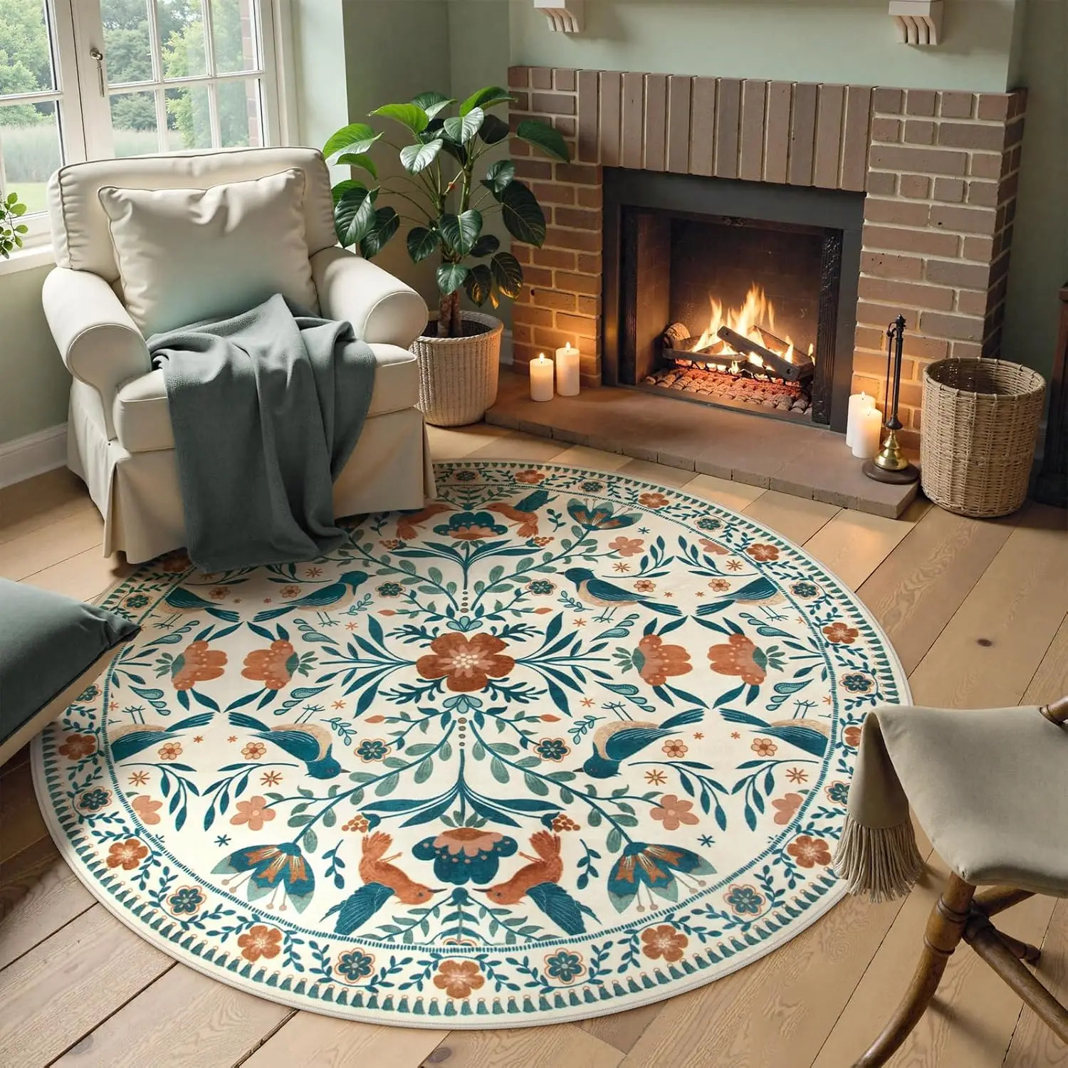 Boho Chic Flowers and Birds Round Rug for Living Room Bedroom Soft Area Rugs Kitchen Dinning Coffee Table Nonslip Floor Mat