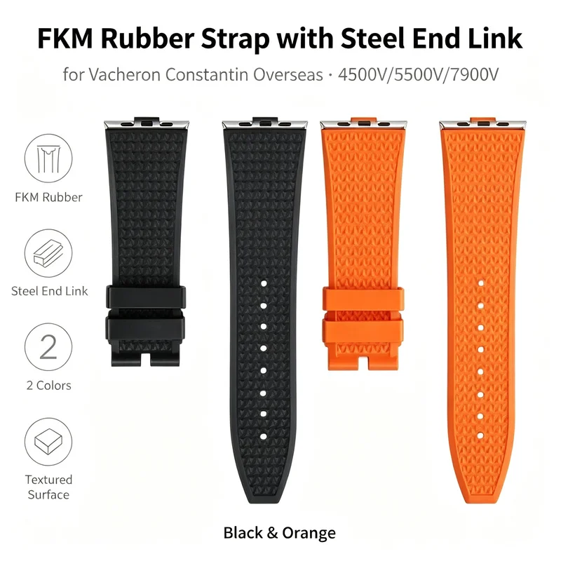 FKM Rubber Strap with Steel End Link for Vacheron Constantin Overseas 4500V 5500V 7900V Black Orange Men Replacement Watch Band