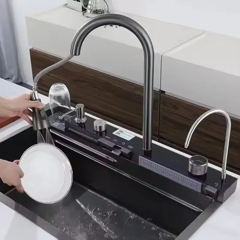 with LED Digital Display Anti-Scratch Feature Large Single Bowl Kitchen Sink 304 Stainless Steel Waterfall Style