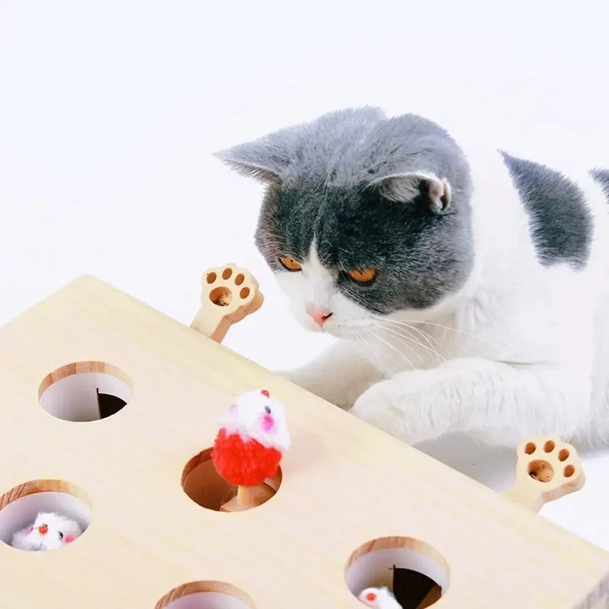Funny Cat Puzzle Toy Wooden Maze Pet Hit Hamster Catch Bite Interactive Toys with 5-Holed Mouse Holes Cats Toy Pet