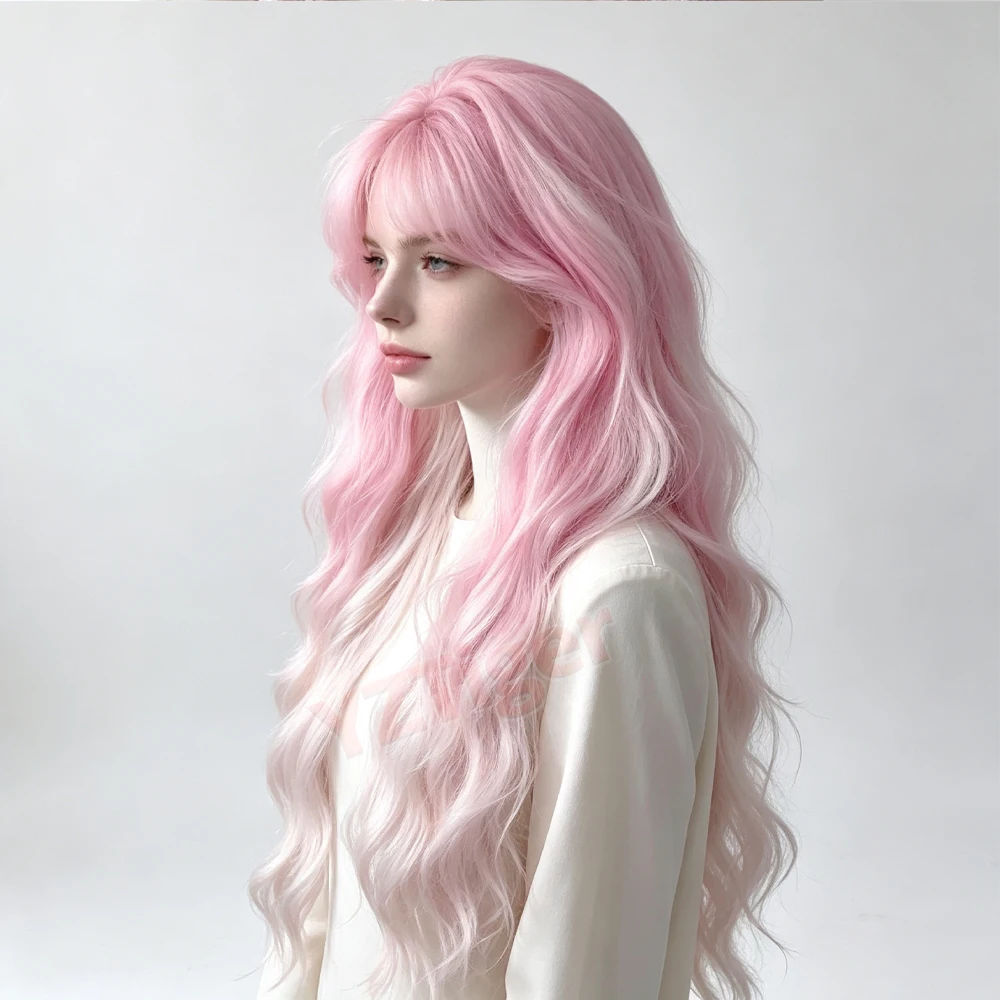 Pink White Lolita Wig Long Curly Synthetic Wigs with Bangs Heat-resistant for Women Halloween Cosplay Christmas Daily Party Use