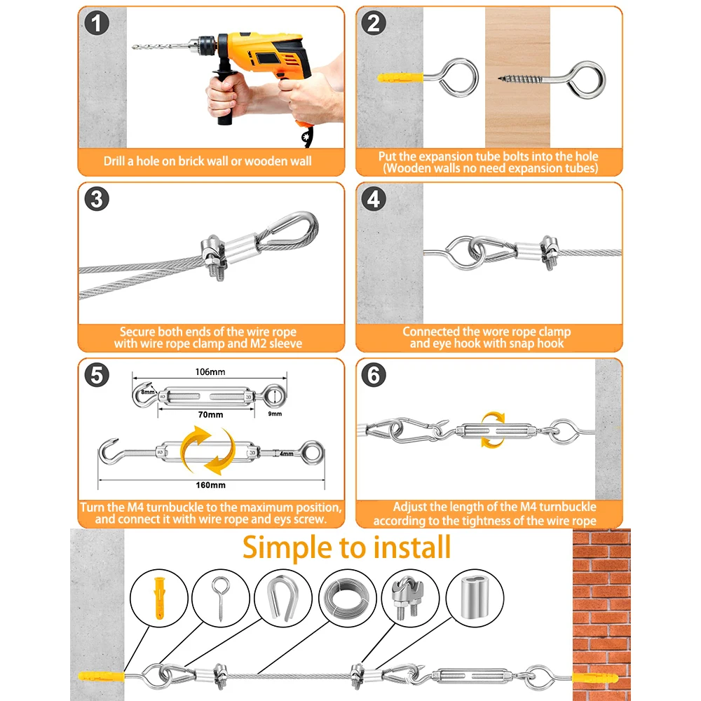 45PCS/Set PVC Coated Flexible Steel Wire Rope Transparent Stainless Steel Clothesline Safety Guardrail Rope 2mm Kit