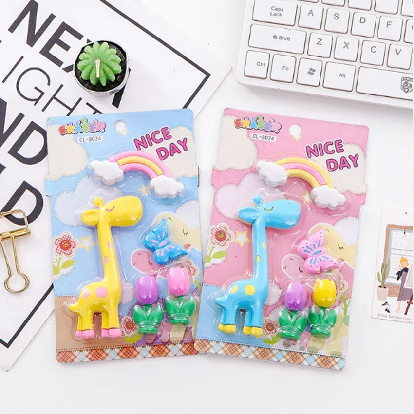 

5pcs/lot Cute Cartoon Animals Giraffe Rainbow Flower Eraser Rubber Pencil Erasers Stationery Students Gifts