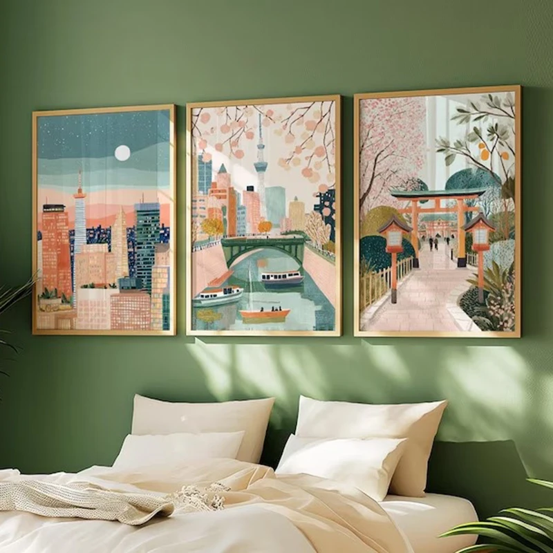 3pcs frameless Canvas Painting 3pcs Tokyo Japan Frameless Canvas Printed Posters Art, Vintage Travel Illustration, Retro Skyline