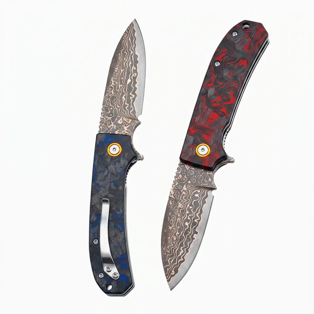 Outdoor Folding Knife G10 Carbon Fiber Handle Brass Damascus Steel Blade High Hardness Folding Knife Camping Knife