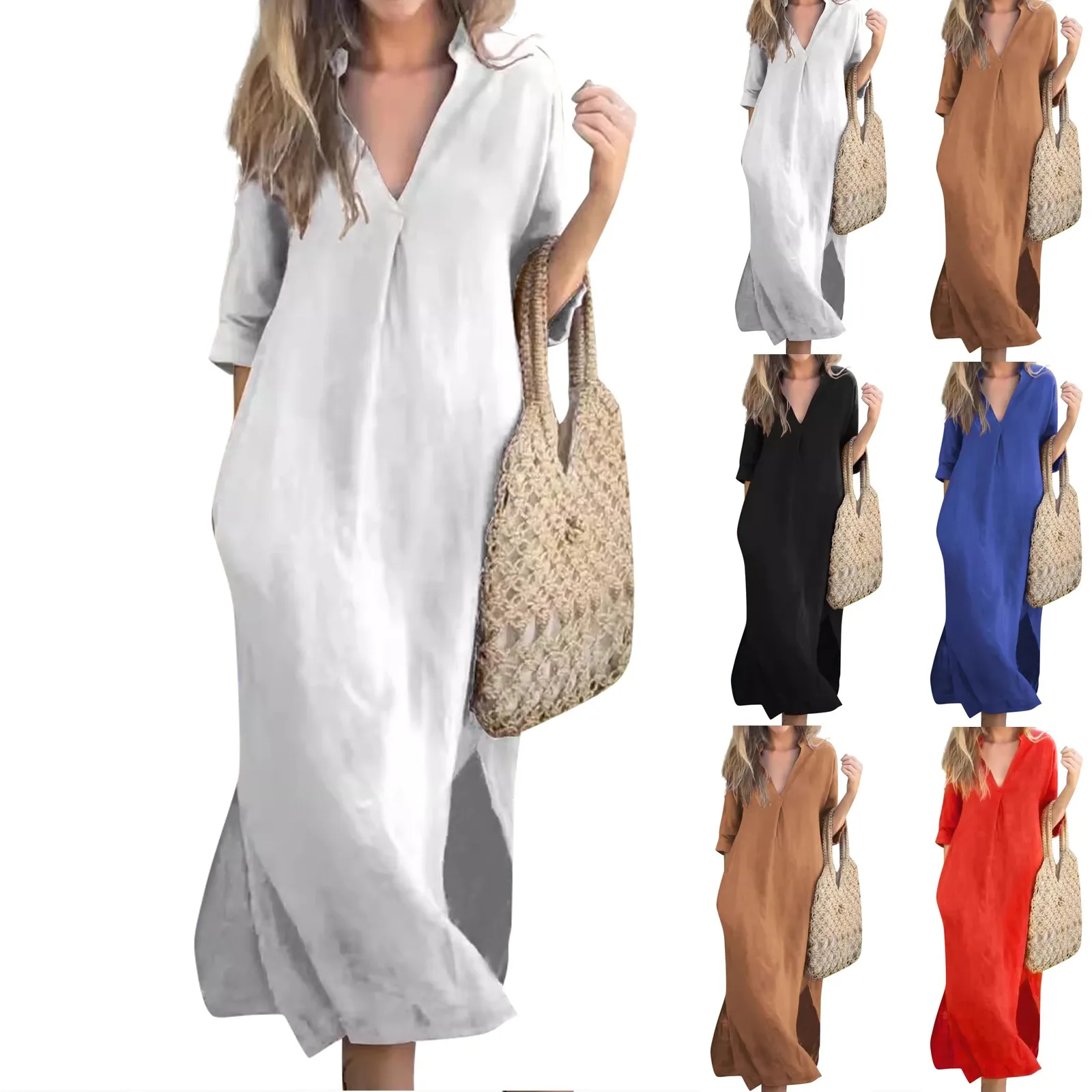 فستان نسائي فضفاض برقبة على شكل حرف V ، فتحة جانبية على كلا الجانبين ، فستان جيب بثنيات على الصدر ، رحلة يومية ، عطلة ترفيهية ، كم ، جديد