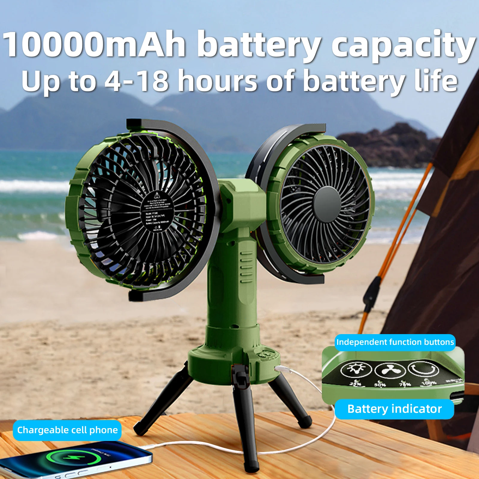 10000 mAh 배터리가 장착된 책상용 Eary 듀얼 헤드 팬 마운트 4 풍속 2 조명 다중 각도 조절 가능 휴대용 공기 냉각 팬