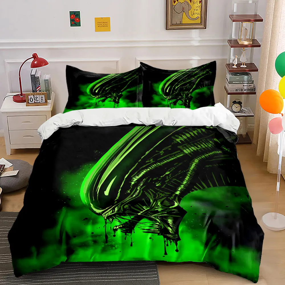 Neon green dark aesthetic Alien Creature Print Bedding Set 1 Duvet Cover 2 Pillowcases for Adult and Children Luxury Gift